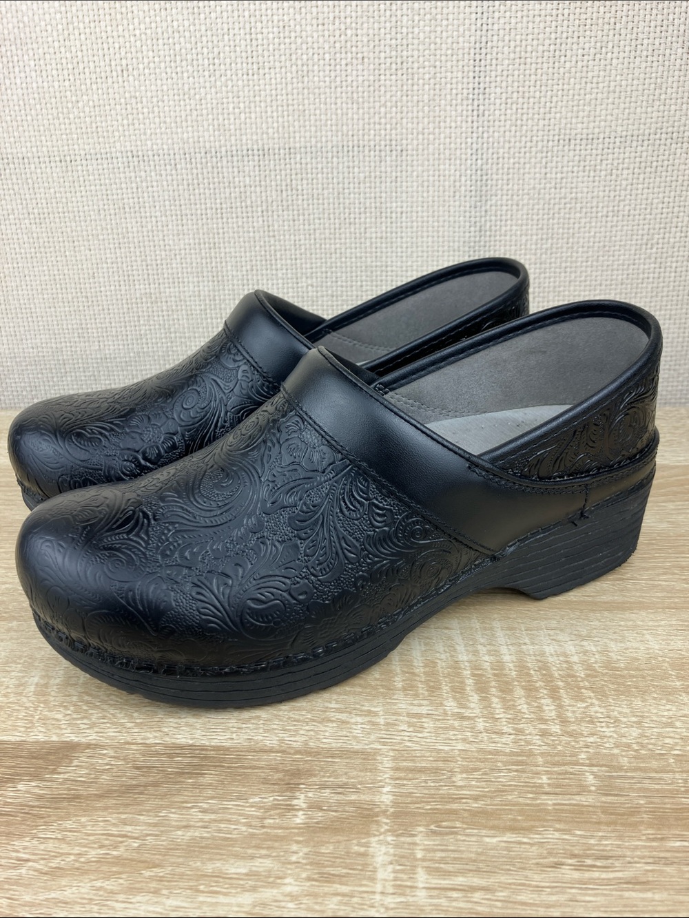 Dansko LT Professional Black Floral Tooled Clog Black Leather